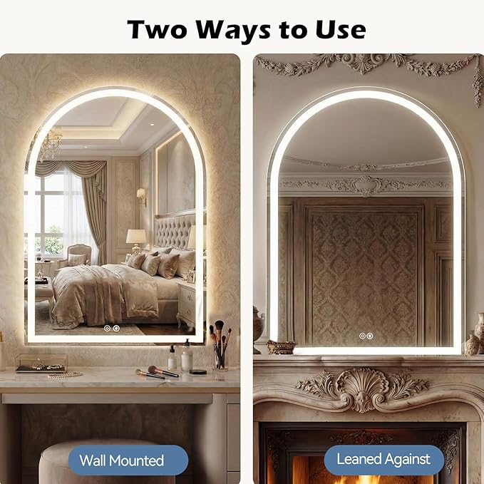 DUMOS 24"×36" LED Bathroom Mirror with Lights, Arched Vanity Mirror with Anti-Fog, Dimmable, 3-Color Light, Memory Function, Tempered Glass