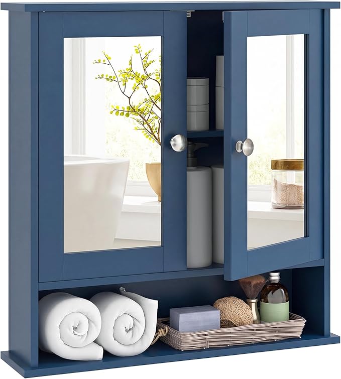 Tangkula Bathroom Medicine Cabinet with Mirror, Wall Mounted Wooden Hanging Organizer with Doors and Shelves, Bathroom Wall Mirror Cabinet (Mirror Doors, Blue)