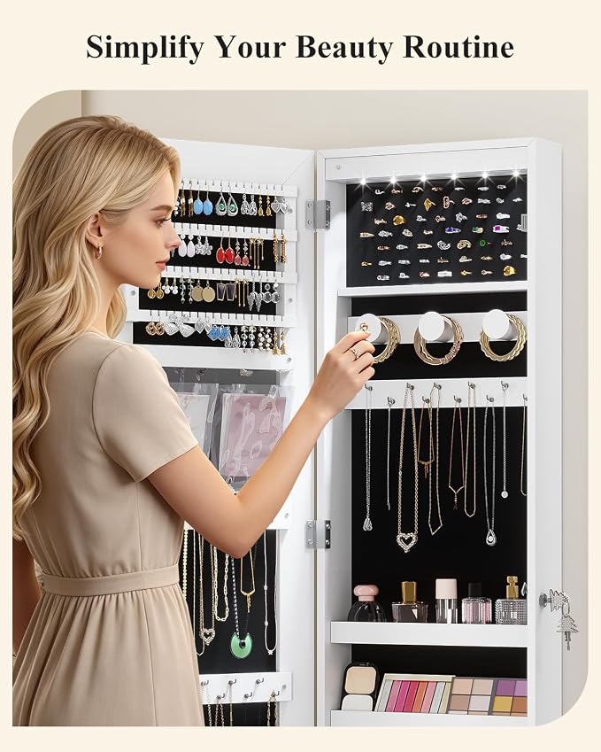 LVSOMT Over The Door Jewelry Organizer, 6 LED Wall Mounted Jewelry Cabinet | Lockable 42.5" Full Length Mirror with Jewelry Storage, Hanging Jewelry Mirror Cabinet, Jewelry Armoire for Women, White