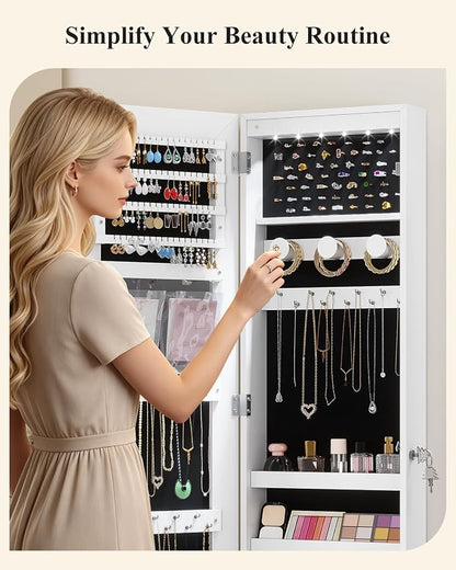 LVSOMT Over The Door Jewelry Organizer, 6 LED Wall Mounted Jewelry Cabinet | Lockable 42.5" Full Length Mirror with Jewelry Storage, Hanging Jewelry Mirror Cabinet, Jewelry Armoire for Women, White