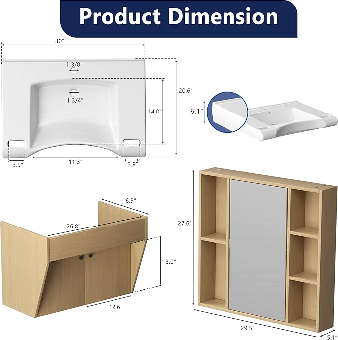30" Floating Vanity ADA Compliant Modern Wall-Mount Small Bathroom Vanity with Ceramics Sink Modern Hand & Mirror Cabinet Combo with Two Doors for Elderly, Seniors, Handicap & Disabled