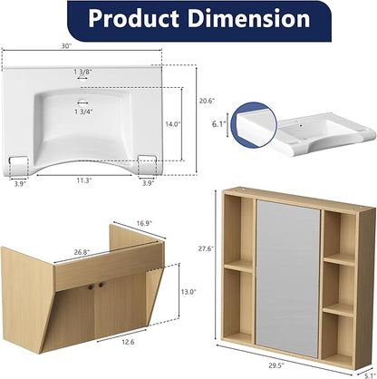 30" Floating Vanity ADA Compliant Modern Wall-Mount Small Bathroom Vanity with Ceramics Sink Modern Hand & Mirror Cabinet Combo with Two Doors for Elderly, Seniors, Handicap & Disabled