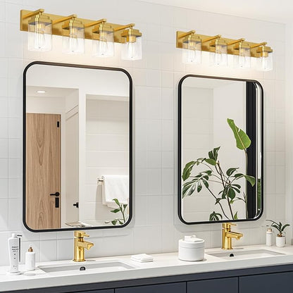 Brushed Gold Bathroom Light Fixtures, 4 Lights Bathroom Lighting Fixtures Over Mirror, Square Design & Rectangle Large Backplate, Modern Vanity Lighting Fixtures, for Living Room/Bedroom