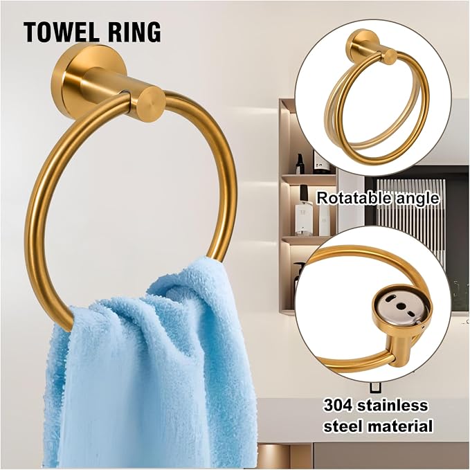 5 Piece Modern Style Wall Mounted Bathroom Hardware Set | #304 Stainless Steel, 24" Towel Bar Mount, Towel Rings, 2 Pillar Toilet Paper Holder, Bathrobe Hook (Brushed Gold)
