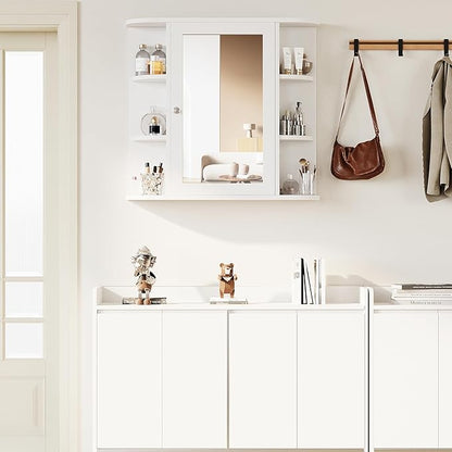 Shintenchi Bathroom Wall Cabinet with Mirror, Mounted Medicine Cabinets with 4 Internal and 6 Open Shelves, Mirrored Door Over The Toilet Storage, Solid White