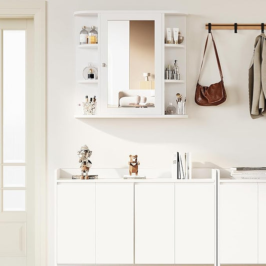 Shintenchi Bathroom Wall Cabinet with Mirror, Mounted Medicine Cabinets with 4 Internal and 6 Open Shelves, Mirrored Door Over The Toilet Storage, Solid White