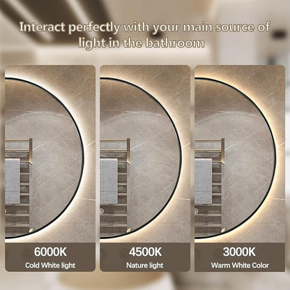 Niccy Round LED Bathroom Mirrors, Black Framed Backlit Vanity Mirror, 48" | LED Smart Circle Mirror with 3 Color Lighting, Anti-Fog Lighted, IP65 Waterproof, Wall Mounted Bathroom Vanity