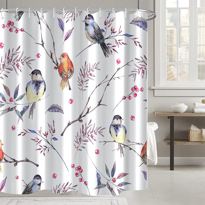 AWERT Cheery Birds on Tree Branch Shower Curtain for Bathroom Bird Shower Curtain with Hooks Colorful Waterproof Fabric Bathroom Accessories Bathtub Decor 72x78inch