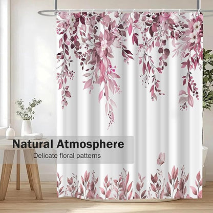 Dark Red Floral Eucalyptus Shower Curtain with Hooks, 72x78 Inch | Waterproof Fabric, Watercolor Leaves and Floral, Botanical Style, Machine Washable, Quick-Drying, for Hotel Bathroom
