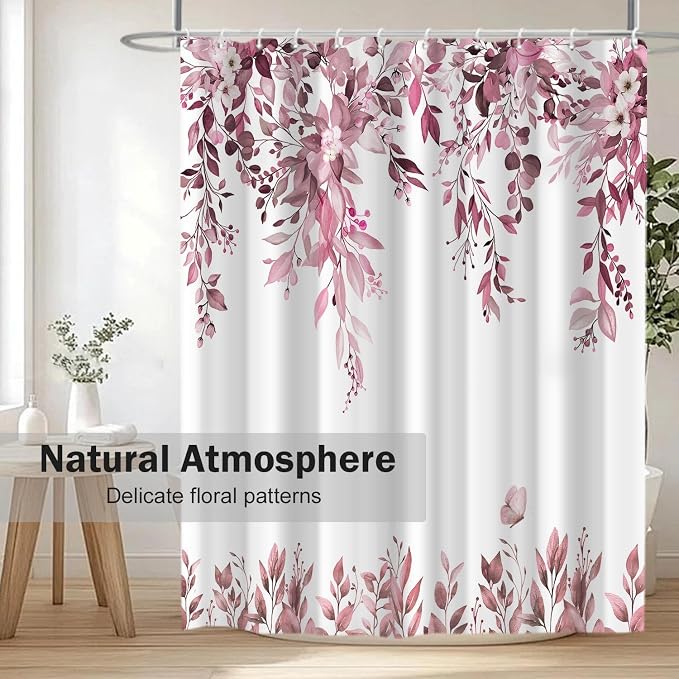 Dark Red Floral Eucalyptus Shower Curtain with Hooks, 72x72 Inch | Waterproof Fabric, Watercolor Leaves and Floral, Botanical Style, Machine Washable, Quick-Drying, for Hotel Bathroom