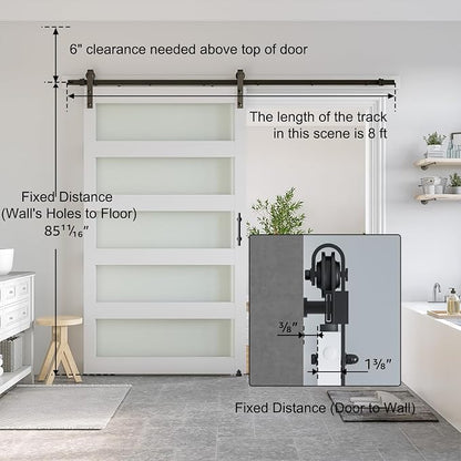 SMARTSTANDARD 48 x 84 in Glass Barn Door with 8FT Sliding Hardware Kit | Pre-Drilled Ready to Assemble, Waterproof PVC Coating, White, 5-Panel Glass