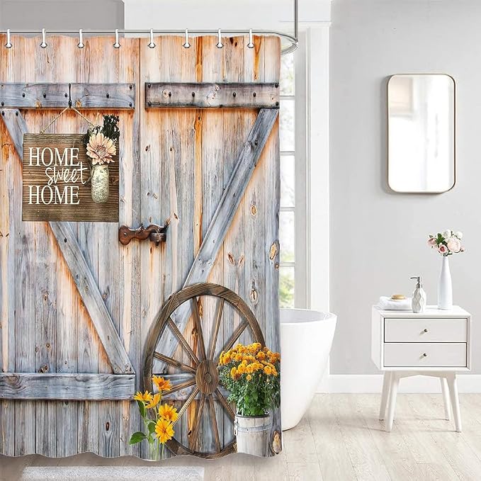 Rustic Barn Door Shower Curtain for Bathroom, Western Farmhouse Yellow Daisy Floral Bath Curtain Sets, Fabric Countryside Wooden Cabin Decor Curtains with Hooks, 48X70IN