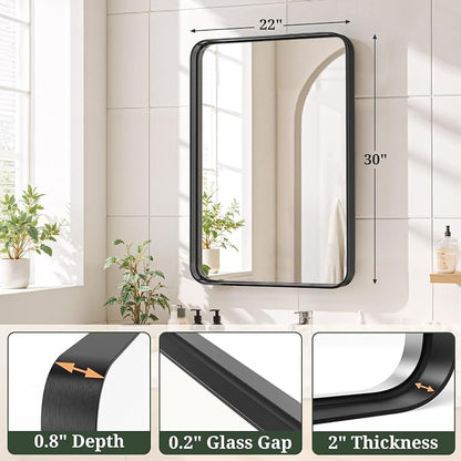 Bathroom Mirror 30x22 Inch Black Metal Frame Rectangle Vanity Mirror | Modern Wall Mounted Anti-Rust Mirror with Rounded Corners for Farmhouse, Restroom, Entryway, Horizontal or Vertical Hanging