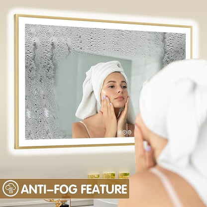 72x32 Inch LED Bthroom Mirror with Gold Frame | Gold Metal Frame, Front and Backlit, 3 Colors, Dimmable, Memory, Anti Fog, Tempered Glass, Lighted Mirror for Wall