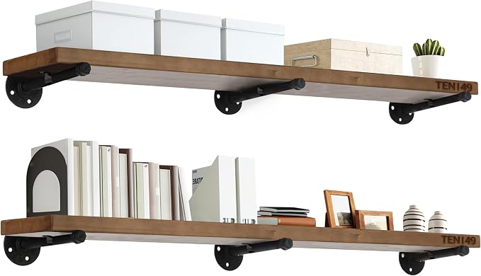 TEN49 Real Wood Rustic Floating Shelves Wall - 48 Wide Small Wooden Industrial Pipe Shelving - Farmhouse Pipe Wall Shelves Furniture Bathroom Decor Art Shelf Kitchen - Dark Espresso Color - Set of 2