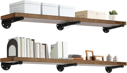 TEN49 Real Wood Rustic Floating Shelves Wall - 48 Wide Small Wooden Industrial Pipe Shelving - Farmhouse Pipe Wall Shelves Furniture Bathroom Decor Art Shelf Kitchen - Dark Espresso Color - Set of 2