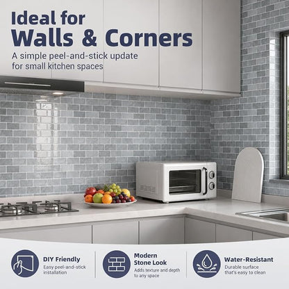 Peel and Stick Backsplash for Kitchen, Grey | 10 pack self‑adhesive tiles for backsplash, bathroom, or accent wall. Easy DIY install and wipeable. Covers approx. 10 sq ft.
