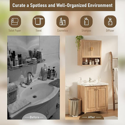 Bathroom Wall Storage Cabinet, Medicine Cabinet with Adjustable Wood Shelf & Doors, Over The Toilet Storage Cabinet for Laundry Room & Living Room Kitchen Storage Islands (Natural Oak)