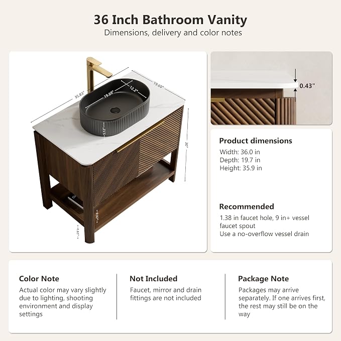 Yayzy 36 Inch Bathroom Vanity with Sink, Freestanding Dark Walnut Bathroom Cabinet, Matte Black Oval Vessel Sink, Carrara White Sintered Stone Countertop, Soft Close Doors, Open Storage Shelf