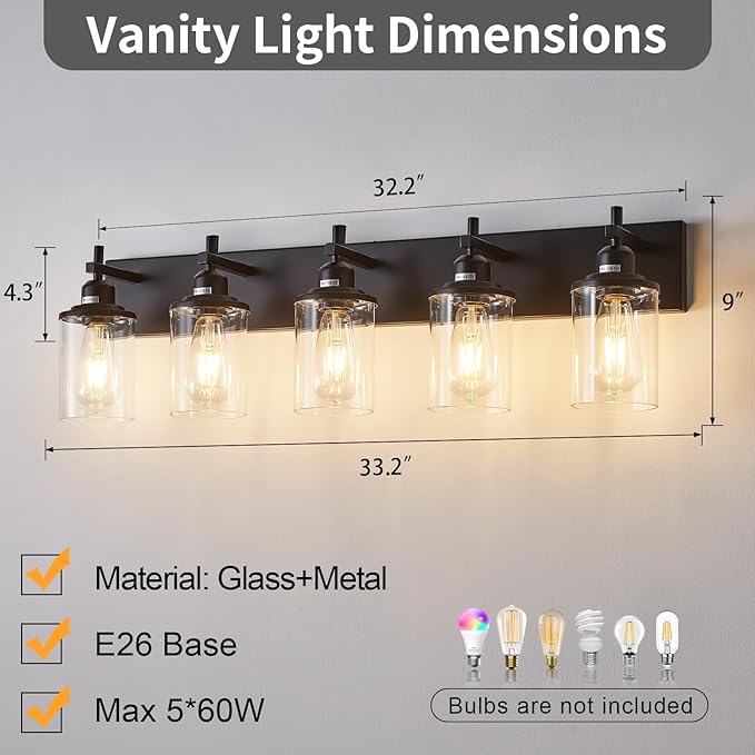 5-Light Black Bathroom Light Fixture Over Mirror Modern Farmhouse Bathroom Vanity Light Vintage Wall Lighting with Clear Glass Shade for Bathroom, Bedroom, Hallway, Cabinet