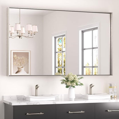 Keonjinn 60x36 Inch Nickel Bathroom Mirror for Over Sink, Modern Farmhouse | HD Tempered Glass, Vanity Mirror, Brushed Framed, Square Corner, Rectangular, Wall Mounted Mirrors, Aluminum Alloy