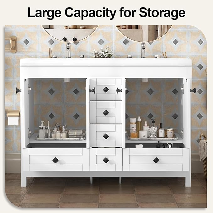 46.7 inch Bathroom Sink Vanity Combo, Large Freestanding Double Bath Vanity Sink Set with 2 Cabinets & 6 Drawers, Dual Basin Modern Bathroom Storage Cabinet, Modern White