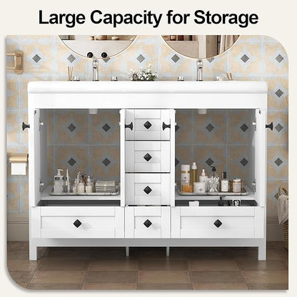 46.7 inch Bathroom Sink Vanity Combo, Large Freestanding Double Bath Vanity Sink Set with 2 Cabinets & 6 Drawers, Dual Basin Modern Bathroom Storage Cabinet, Modern White