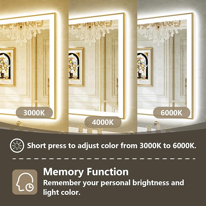 72x32 Inch LED Bathroom Mirror with Lights (Front Lit and Backlit) Gold Framed Lighted Vanity Mirror for Bathroom Wall Dimmable Anti-Fog Memory Tempered Glass Horizontal/Vertical