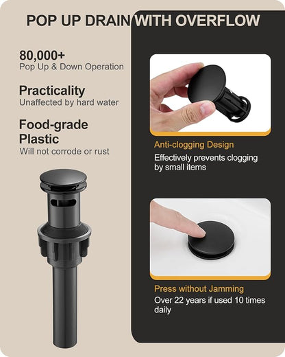 Bathroom Sink Faucet 3 Hole, Black Bathroom Faucet 8 Inch 2 Handles | Lead-Free Brass, Widespread Style, Pop-Up Drain, Pre-installed cUPC Water Hose, 10 Mins Install, For Lavatory Vanity Restroom