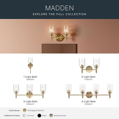 Kichler Madden 2-Light Bathroom Vanity Light, Champagne Bronze | Modern vanity light with clear glass for single or double bathroom mirrors (14.25" x 10.5"), 55184CPZ
