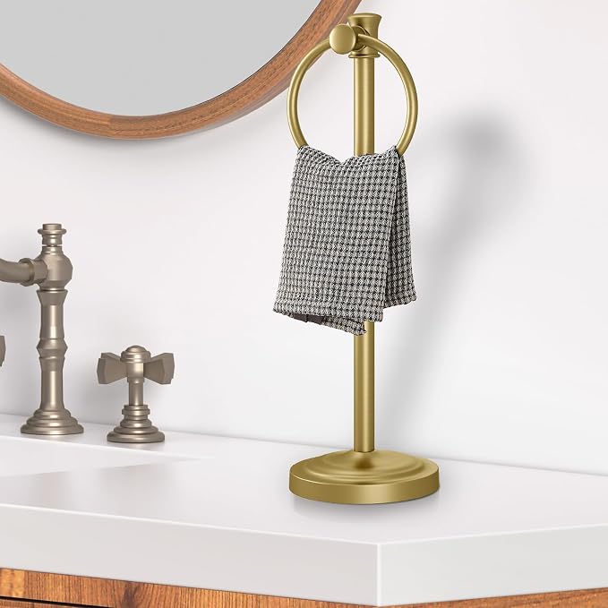 Hoimpro Hand Towel Holder Free Standing Towel Bar Brushed Gold | Hanging Floor Hand Towel Rack Ring, for Bathroom Kitchen Vanity Countertops, Hardware Accessories SUS 304 Heavy-Duty Base