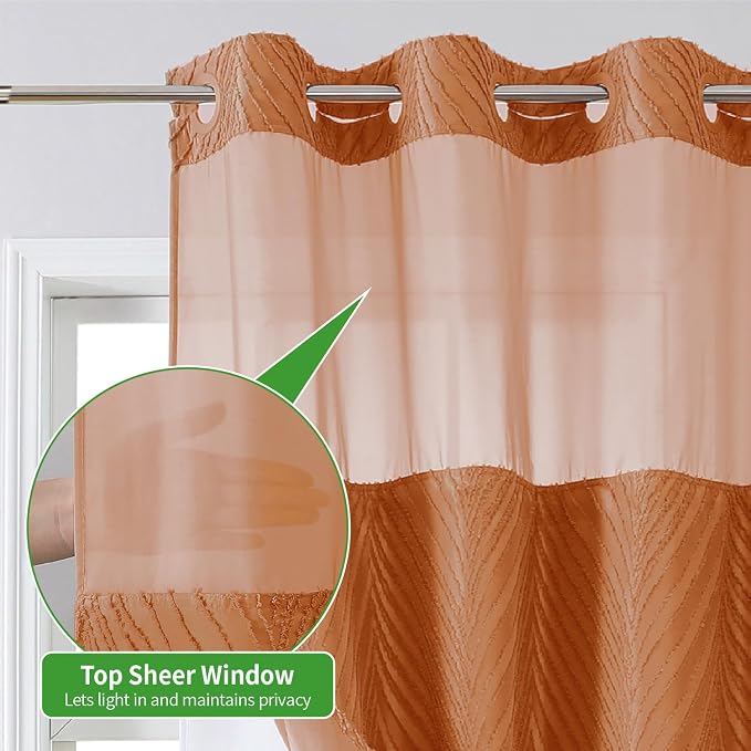 eachope no Hook Shower Curtain and Fabric Liner Set，Thanksgiving Autumn Shower Curtain, Boho Tufted Striped Style with See Through Top Window,Orange, 71Wx74H