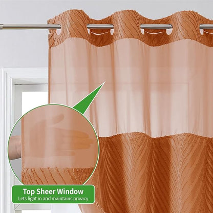 eachope no Hook Shower Curtain and Fabric Liner Set，Thanksgiving Autumn Shower Curtain, Boho Tufted Striped Style with See Through Top Window,Orange, 71Wx74H