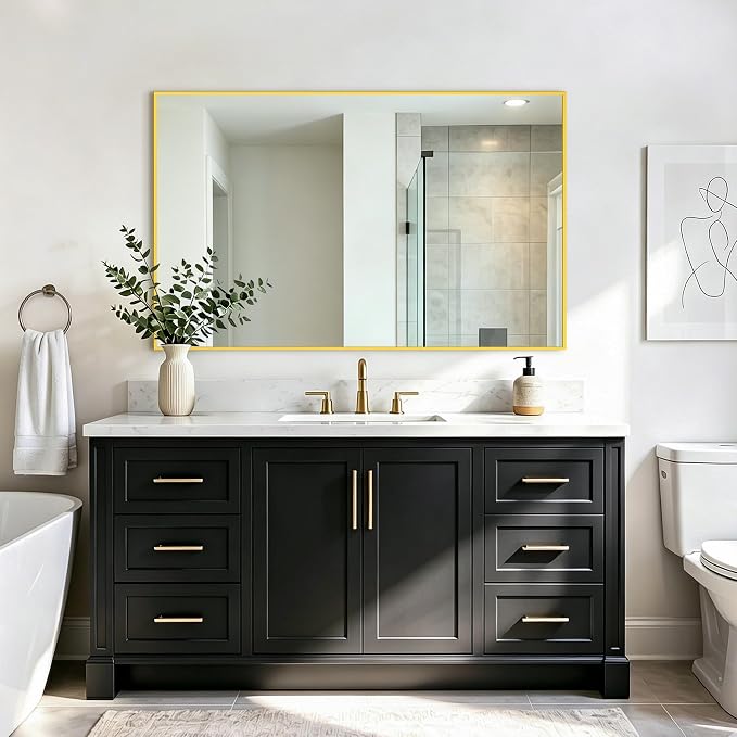 Bathroom Vanity Mirror for Over Sink, 48x30 Inch Matte Gold Mirror | Shatterproof Tempered Glass, Anti-Rust Metal Frame, Rectangle Wall Mirrors for Bedroom, Living Room & Entryway