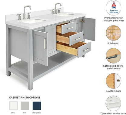 DKB Olivia 60" Grey Double Bathroom Vanity, 1.5" Edge Pure White Quartz Countertop, Rectangular Undermount Sinks, 4 Soft Closing Doors, 3 Full Extension Dovetail Drawers, Open Shelf