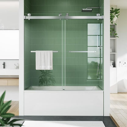 GarveeLife Frameless Glass Shower Doors for Tub 56-60”W×59”H, Double Sliding Glass Shower Door with Square Stainless Steel Rail, 6mm Tempered Glass, Brushed Finish