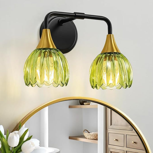 Bathroom Vanity Light Fixtures: 2-Lights Vintage Bathroom Lights Over Mirror with Ribbed Green Tulip Glass Shade - 14 inch Black and Gold Wall Sconce Bath Lighting