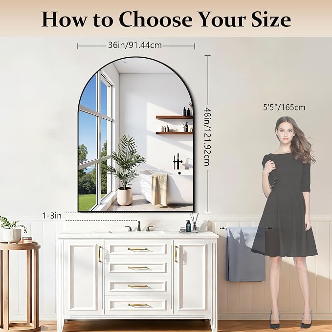 COFENY Arched Bathroom Mirror, 36x48IN Black Bathroom Mirror with Metal Frame, Wide Wall Mounted Mirrors Decor Modern Dresser Mirror for Bedroom Living Room Entryway
