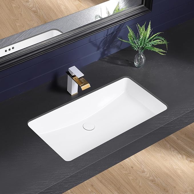 Undermount Bathroom Sink 32x17 Inch Small Bathroom Sink White Porcelain Ceramic Bathroom Under Counter Lavatory Vanity Sink Basin Rectangular Undermount Sinks with Overflow