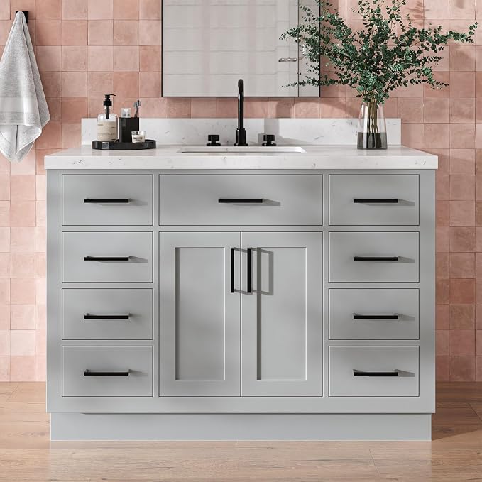 DKB Isabella 48-Inch Bathroom Vanity with Sink — Grey Single Sink Bathroom Vanity, 1.5" Edge Carrara Quartz Countertop, Solid Wood, 2 Soft-Close Doors, 8 Dovetail Drawers + Tilt Drawer