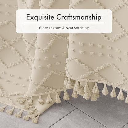 AmazerBath Boho Farmhouse Shower Curtain with Tassels, Soft Cloth Chevron Beige Shower Curtain Set, Fabric Diamond Stripes Rustic Shower Curtain with Hooks, Hotel Quality, 72x72 Inches