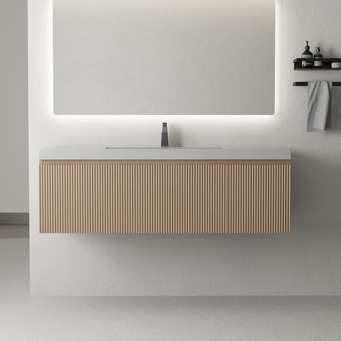 48 Inch Floating Bathroom Vanity with Sink, Wall-Mounted Striped Storage Cabinet with Soft-Close Drawer, Glossy White Solid Surface Basin, Fully Assembled, Natural Oak Finish