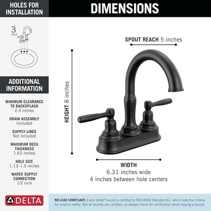 Delta Roe Centerset Matte Black Bathroom Faucet, 4 Inch 3 Hole Bathroom Sink Faucet for Vanity, Push-Pop Drain Assembly, Matte Black 25985LF-BL