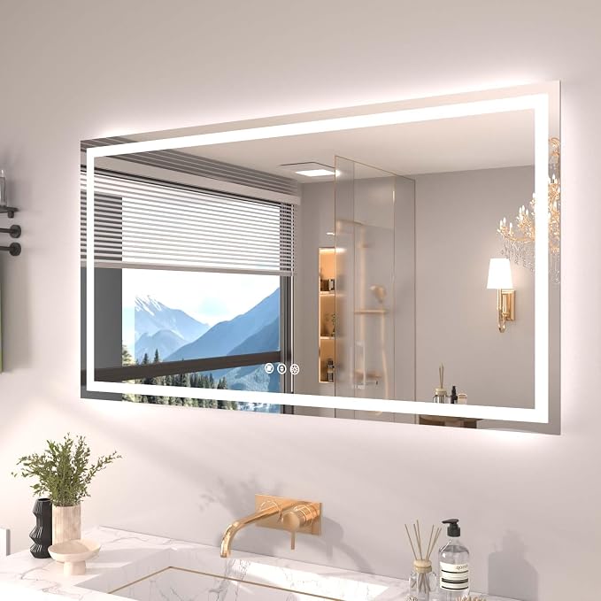 Snowdool 55 x 30 in LED Bathroom Mirror, Front and Backlit, Anti-Fog | Front and Backlit, 3 Color Temperatures, Anti-Fog, Tempered Glass