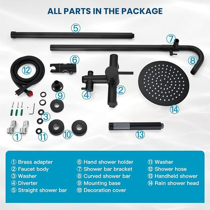 gotonovo 304 Stainless Steel Outdoor Shower Fixtures Exposed,Matte Black | 8 Inch Rain Showerhead with Handheld Sprayer Outdoor Outside Shower Kit System Faucet Head Valve Wall Mount for Pool Backyard