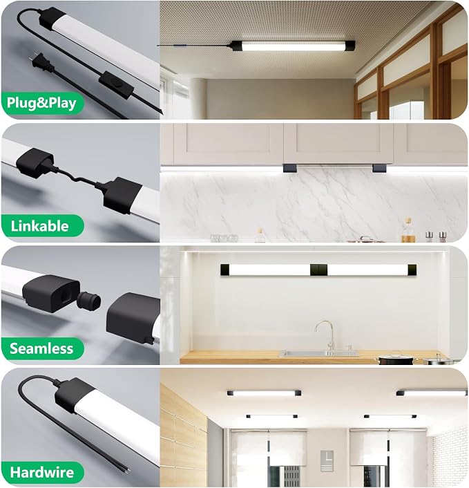 Plug in Light Fixture 2FT Linkable 5000K Under Cabinet Lighting, LED Tube Light Fixture with Plug, Triproof Ceiling Wall Light for Closet Workbench Kitchen Basement Garage | LED Tube Light Fixture with Plug, Triproof Ceiling Wall Light for Closet Workb...