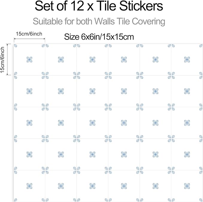 Peel & Stick Tile Stickers 12 PCS Self Adhesive Backsplash Decorative Wall Stickers for Kitchen Bathroom Tile Decals Waterproof & Removable 6" x 6" Blue - White