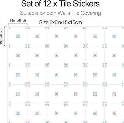 Peel & Stick Tile Stickers 12 PCS Self Adhesive Backsplash Decorative Wall Stickers for Kitchen Bathroom Tile Decals Waterproof & Removable 6" x 6" Blue - White