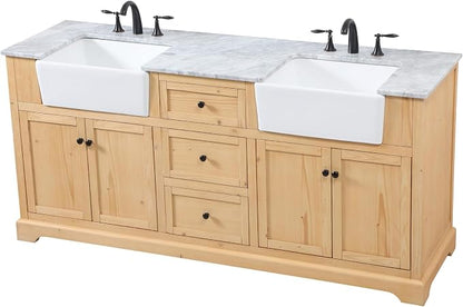 72" Pre-Assembled Bathroom Vanity with Sink, Solid Birch and MDF, Carrara White Marble Countertop Attached, Double Rectangle Porcelain Sink, 3 Soft-Close Drawers, Natural Wood