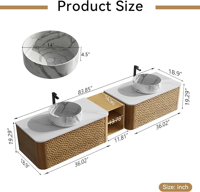 84 Inch Double Vanity with Sink Set, Floating Bathroom Sink Cabinet with Sintered Stone Top&Solid Wood Hammered Frame, Double Bathroom Vanities w/Soft-Close Drawers&1 Side Open Cube